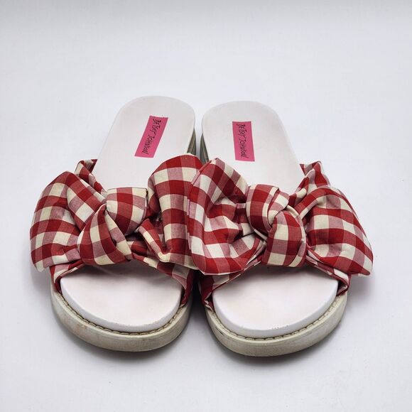 Betsey Johnson Picnic Red Gingham Bow Slide Sandals - Picture 2 of 11